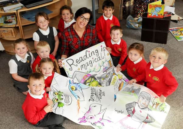 Illustrator Liz Million with St Aidans Primary school reception pupils.