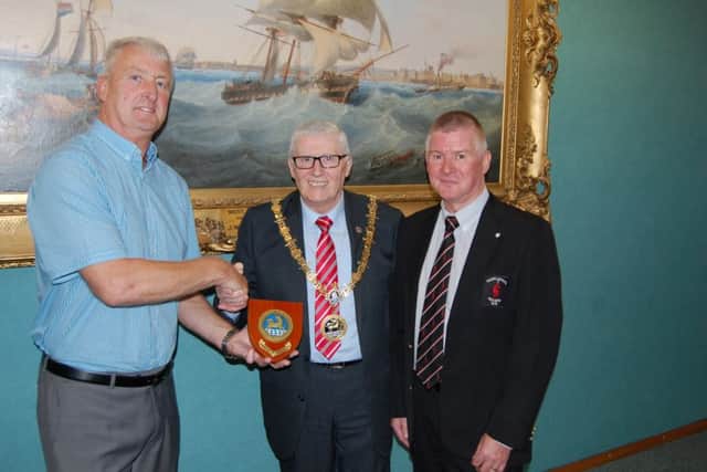 Hartlepool rugby manager John Bickerstaff (left) with Mayor, Rob Cook and team sponsor Alby Pattison (right)