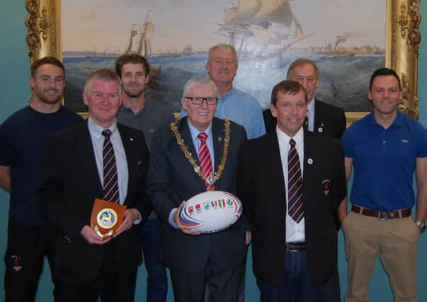 Hartlepool rugby team representatives with Mayor, Rob Cook. From the left, Andrew Drng, Alby Pattison, Liam Austwicke, Coun Rob Cook, John Bickerstaff,Michael Ainslie, John Dove, Peter Howe