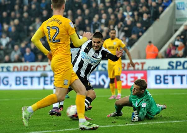 Aleksandar Mitrovic fires home his second goal in Newcastle's 6-0 EFL Cup drubbing of Preston. Picture by Frank Reid