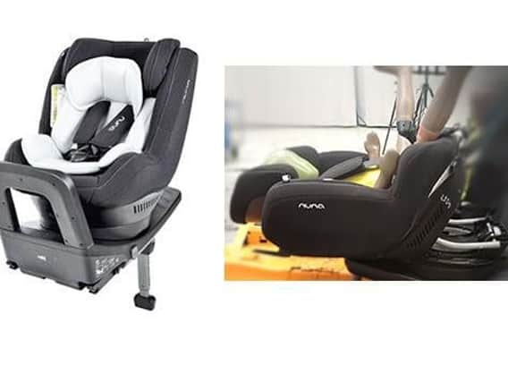 Nuna Rebl i-Size child car seat in rearward-facing mode and right, image of the Nuna Rebl seat base when it broke, sending the seat backwards in some of Which?s frontal-impact tests. Images courtesy: Which.co.uk
