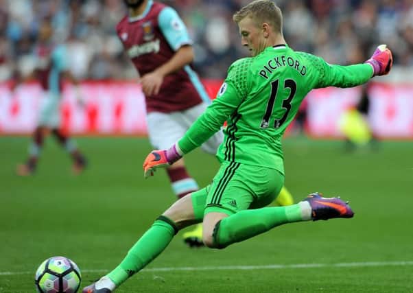 Jordan Pickford clears the ball in last week's defeat at West Ham. Picture by Frank Reid