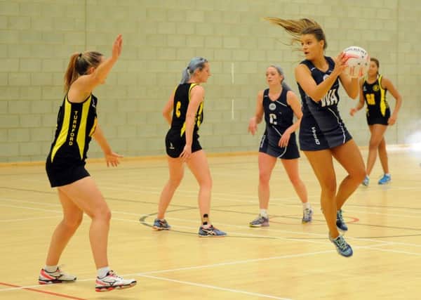 Premier League Netball action between Oaksway (navy) v Turnford, played at Brierton Community Sport Centre, Hartlepool.