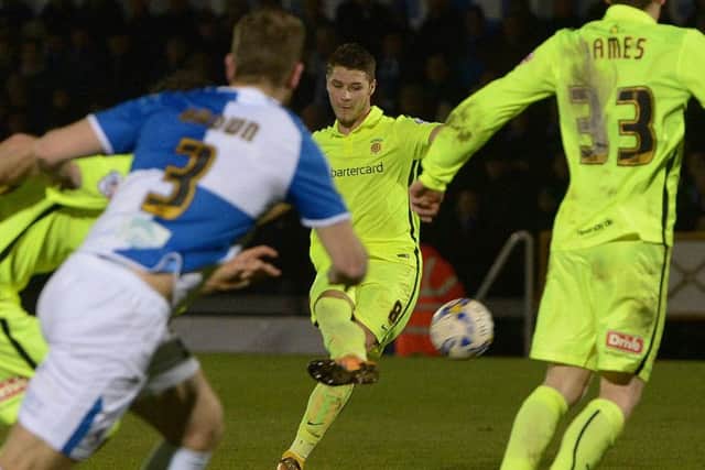 Hartlepool Uniteds Brad Walker lets fly with a free-kick against Bristol Rovers last season.