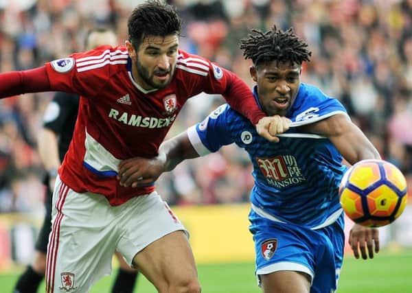 Boro right-back Antonio Barragan battles against Jordon Ibe in last week's 2-0 win over Bournemouth. Picture by Tom Collins