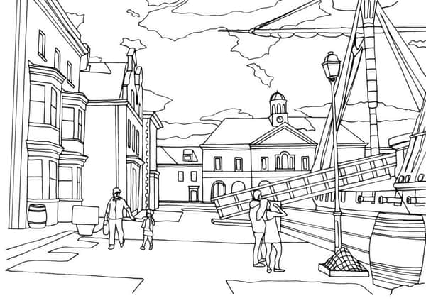 The colouring-in version of the Historic Quay.