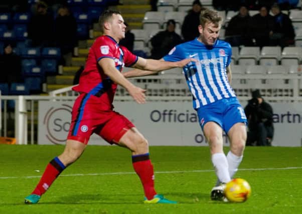 Rhys Oates scores Pools' consolation goal against Rochdale last night. Picture by Joe Spence