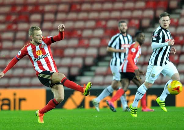 Seb Larsson has a shot in Sunderland Under-23s' Checkatrade Trophy win over Notts County. Picture by Frank Reid