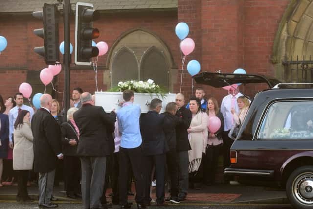 Mourners at the funeral of young mum Jamie Leigh Twiddle at St. Aidan's Church , Stockton Road, Hartlepool, this morning.