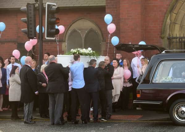 Mourners at the funeral of young mum Jamie Leigh Twiddle at St. AidanÃ¢Â¬"s Church , Stockton Road, Hartlepool, this morning.