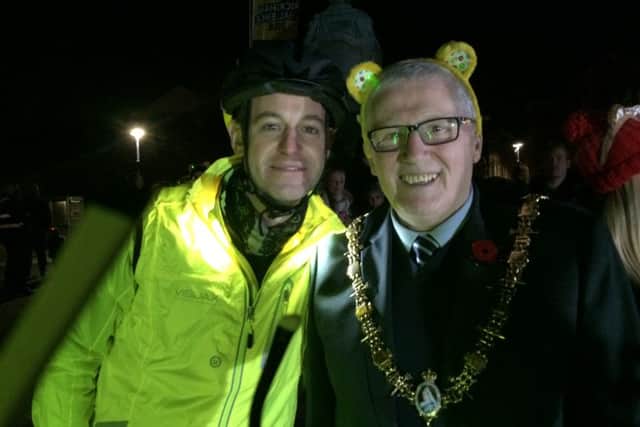 Mayor of Hartlepool, Coun Rob Cook, welcomes Matt Baker and the Children in Need Rickshaw Challenge to the town.