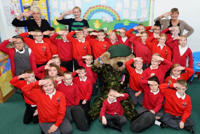 Hero Bear with pupils and staff during a visit to Blackhall Primary School by members of the Blackhall History Group.  Picture by FRANK REID
