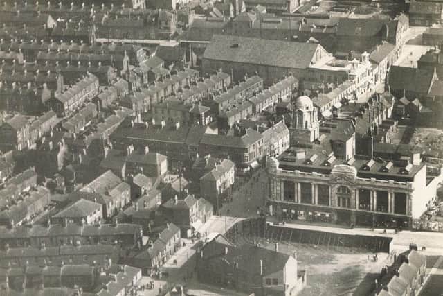 The Central Hartlepool Co Operative store, Gaumont cinema on Stockton Street and the Durham Paper Mills buildings in the background feature in this aerial photograph taken in 1924.