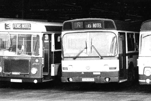 Back to 1986  for this view of buses lined up in the depot.