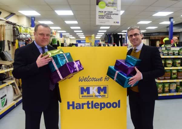Business Director at MKM Building Supplies, Burn Road, Hartlepool, Mick Sumpter (left) and Lee Dees launch their Give a Little Gift Christmas Appeal.