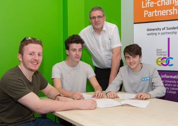 Students from the first intake to the course, from left, Joshua Bell, Connor Rippon, East Durham College engineering lecturer Brian Rowe and Connor Mason.