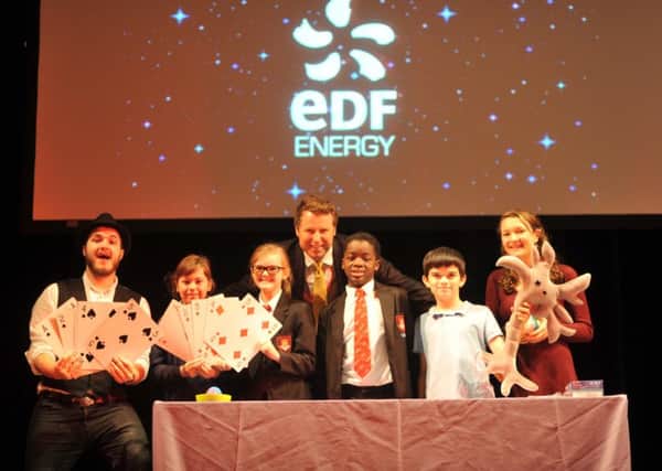 Pupils Emily Barnard, of English Martys, Pelo Vanzyl, English Martys, Lucy Booth, Kingsley primary school, Odin Thorpe, Kingsley primary school with Simon Parsons, station director at Hartlepool power station, and the science performers Phil Bell-Young and Ginny Smith.