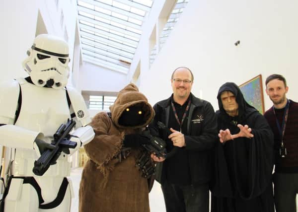 Writer & Director Gary Kester (centre) with, L-R, Simon Porteus, doubling for Mark Taylor as TK421, Phillipa Stephenson as a Jawa, Nigel Jukes as Emperor Palpatine and Hartlepool College IAG Leader Mark Lee, who plays himself in the movie.