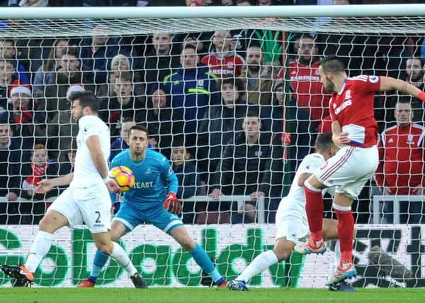Alvaro Negredo slams home his fine opening goal for Middlesbrough against Swansea last weekend. Picture by Tom Collins