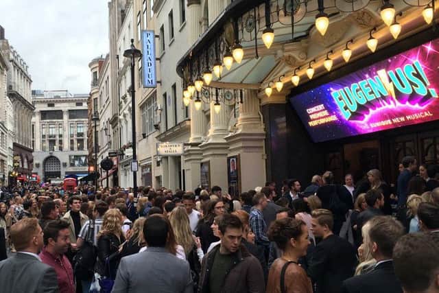 Packed streets outside the London Palladium for the debut of musical Eugenius!