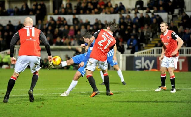 Padraig Amond blasts home a superb volley for Hartlepools opener