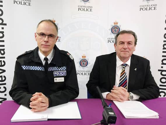 Cleveland Chief Constable Iain Spittal, left, and Police and Crime Commissioner Barry Coppinger announce major changes to the force's Professional Standards Department at their headquarters in Middlesbrough. Pic: PA.