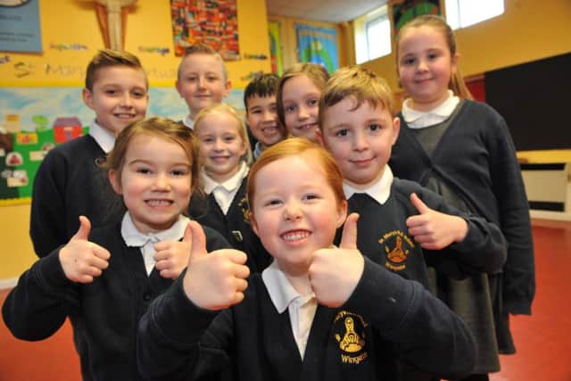 St Mary's RC Primary School, Wingate, celebrate the school's Ofsted report.