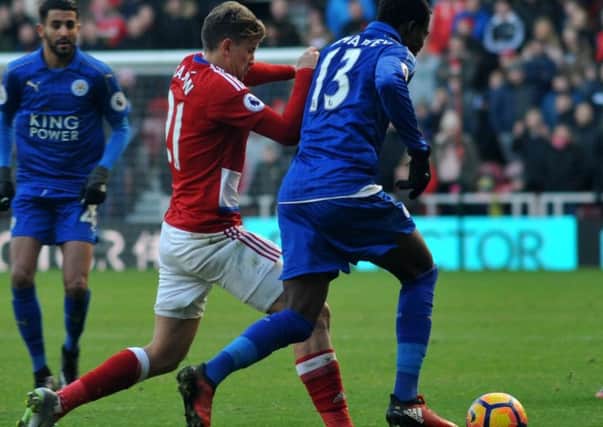 Wantaway Boro star Gaston Ramirez tackles Leicester City's Daniel Amartey earlier this month. Picture by Tom Collins