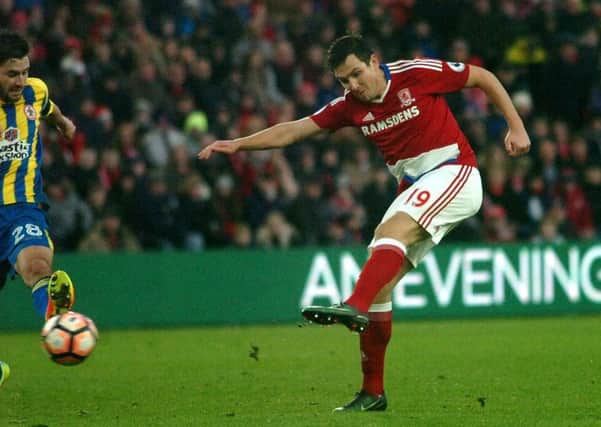 Middlesbrough's Stewart Downing hits the winner against Accrington Stanley. Picture by TOM COLLINS