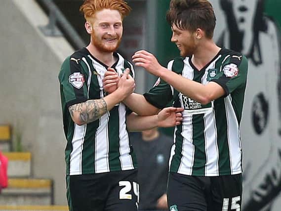 Louis Rooney celebrates scoring for Plymouth against Pools on the final day of last season