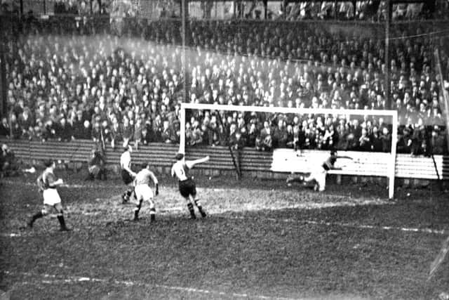 One of the rare pictures from the famous Hartlepool United versus Manchester United match that shows Pools hero Ken Johnson scoring in front of 17,264 fans during the third round of the FA Cup back in 1957.