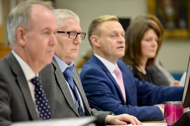 From left;  Peter Devlin (council chief solicitor) Councillor Rob Cook, Councillor Ray Martin-Wells, Laura Stones (scrutiny support officer) during a meeting held in Hartlepool Civic Centre, Hartlepool.
