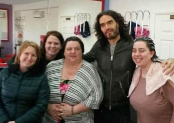 Melanie White-Draper, Jennifer Draper, Charline Twidale and Chelsea Fielding pictured during Russell Brand's visit to Uppal Cutz.