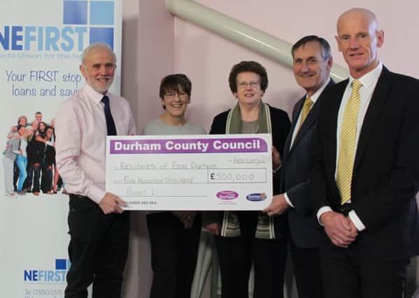 from left to right: Sid Rooke (Director of the North East First Credit Union), Joyce Lovack (Shotton Residents Association), Councillor Edna Connor (Horden Youth and Community Centre), Alan Miller (Vice Chair East Durham Area Action Partnership), Malcolm Fallow (CEO of East Durham Trust).