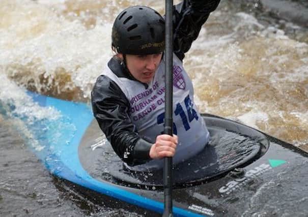 Bethan Kelly in action during her run in the British University Canoe Slalom Championship at Teesside International White Water Course.