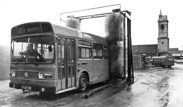 The number 227 United bus gets a wash in Hartlepool.