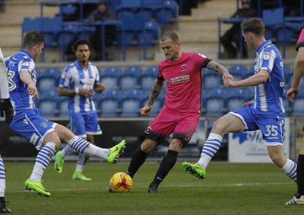 Lewis Alessandra sees a second half effort blocked at Colchester. Picture by Lawrence Smith/AHPIX.com
