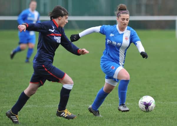 Action from Hartlepool United Ladies (blue) game against Guisborough Ladies, played at Grayfields Enclosure, Hartlepool. Pictures by Tim Richardson