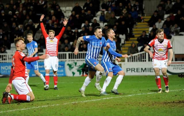 Pools celebrate Lewis Alessandra's second goal. Picture by FRANK REID