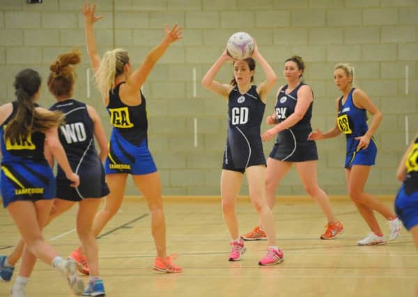 Premier Netball action between Oaksway (navy) v Tameside, played at Brierton Sports Centre, Hartlepool.