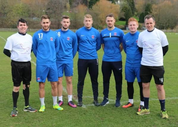 Lee Dodgson (far left) and John Hewitson (far right) with Pools players at their Durham training ground.