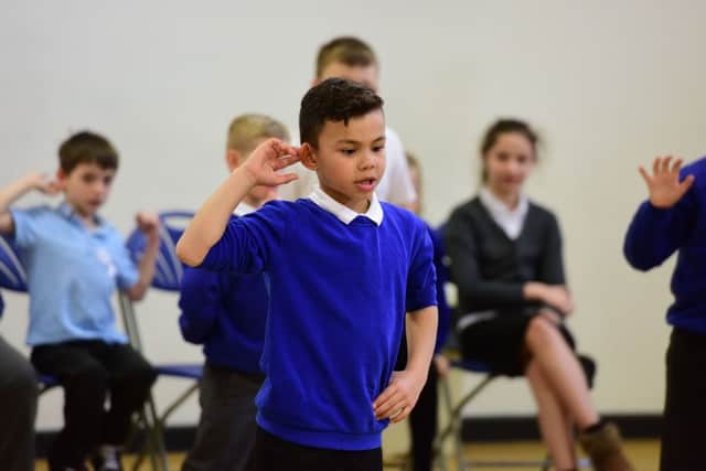 Pupils at Barnard Grove Primary School, Hartlepool, taking part in a version of Midsummer Nights Dream as part of Shakespeare Week with Play in a Day.