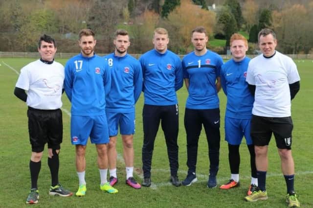 Lee Dodgson (far left) and John Hewitson with Pools players at their Durham training ground.