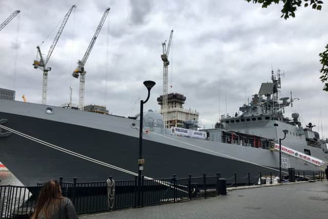 INS Tarkash, venue for HMS Trincomalee bicentenary appeal event, alongside at Canary Wharf.