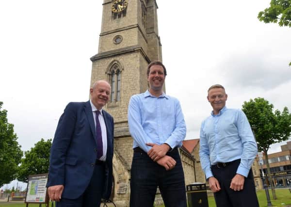 Department of Work and Pensions Secretary Damian Green with Hartlepool Conservative candidate Carl Jackson (middle)  and Coun Ray Martin-Wells.