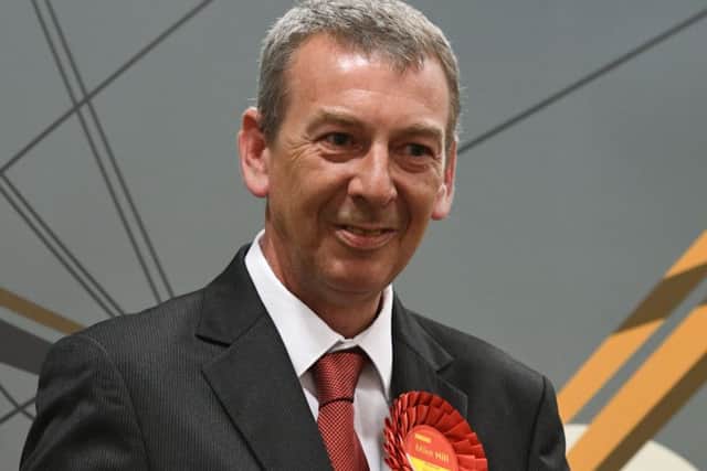 The new Labour MP for Hartlepool Mike Hill at the election declaration.