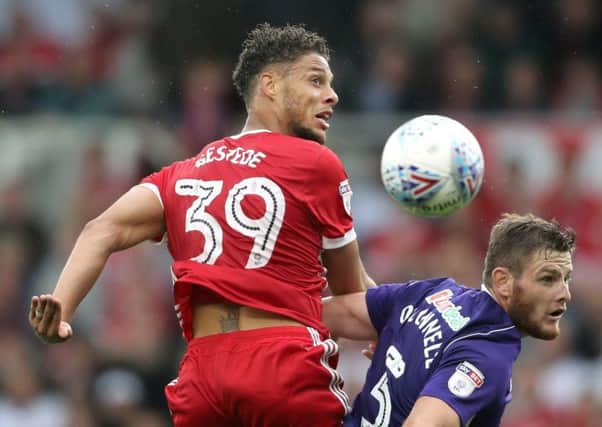 Middlesbrough's Rudy Gestede (left) and Sheffield United's Jack O'Connell battle for the ball.