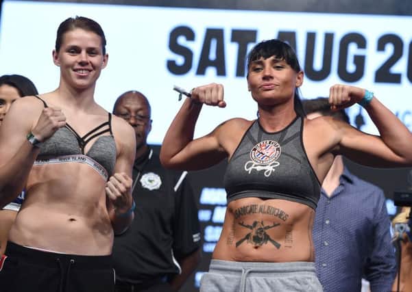 Savannah Marshall and Sydney LeBlanc during the weigh in at the T-Mobile Arena, Las Vegas, Nevada.