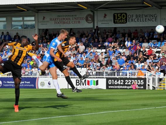 Connor Simpson heads in Hartlepool United's third goal. Picture by FRANK REID