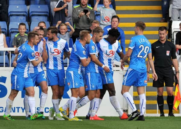 Pools celebrate Keith Watson's goal against Maidstone. Picture by FRANK REID